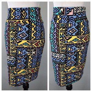 LULAROE Cassie Retro 80's Style Blue Yellow White Stretch Midi Skirt Size Small